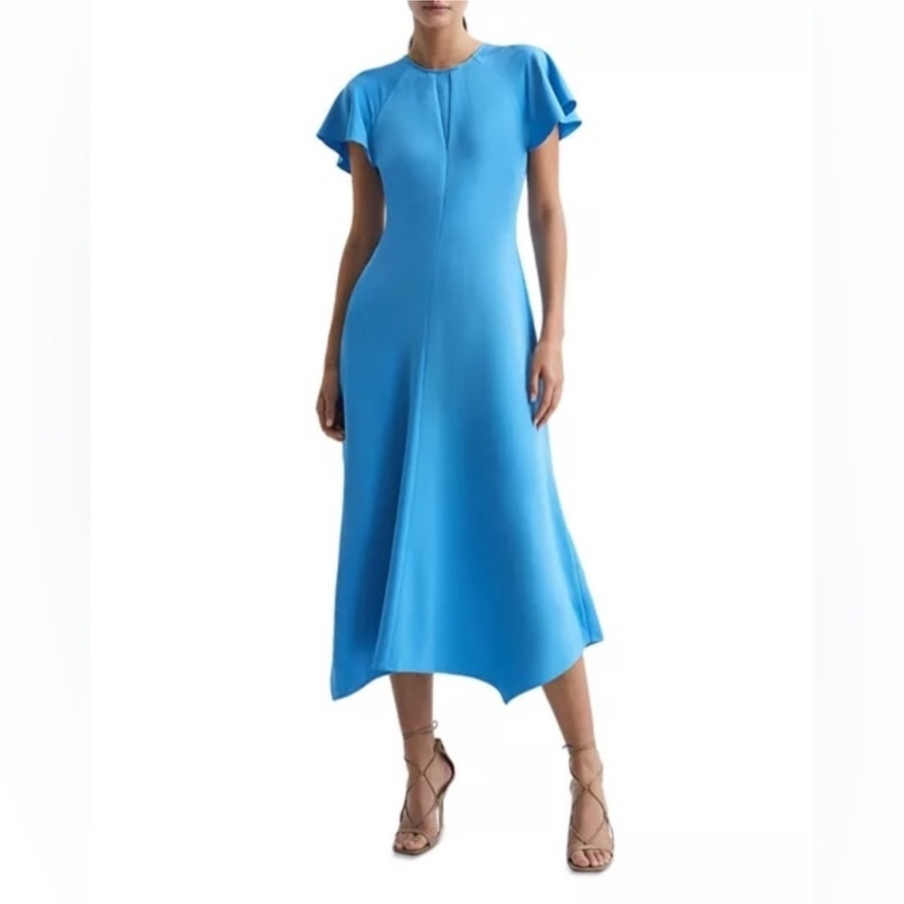 NEW Reiss Eleni Cap Sleeve Midi Dress Blue Strappy Back Flutter Sleeve Size 4